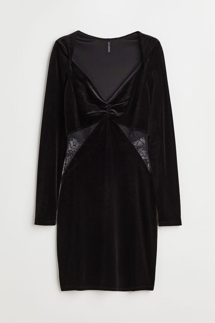 H & M - Lace-detail Velour Bodycon Dress - Black