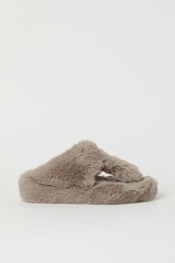 H & M - Faux Fur Slippers - Gray