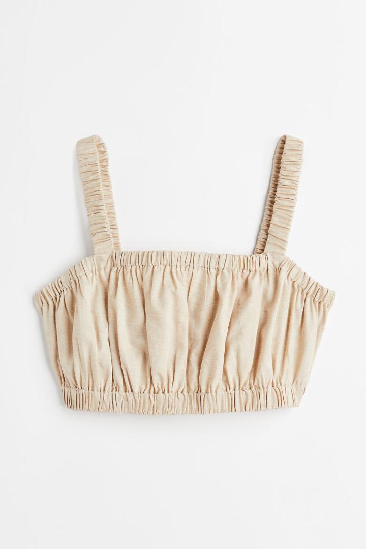 H & M - Linen-blend Gathered Crop Top - Beige
