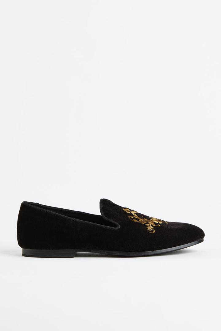 H & M - Embroidered Velour Loafers - Black