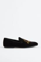 H & M - Embroidered Velour Loafers - Black