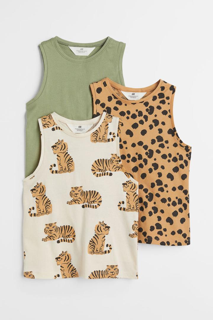 H & M - 3-pack Sleeveless Cotton Shirts - Beige