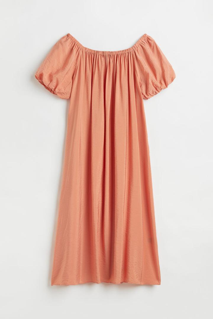 H & M - Off-the-shoulder Puff-sleeved Dress - Orange