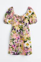 H & M - Puff-sleeved Dress With Lacing - Purple