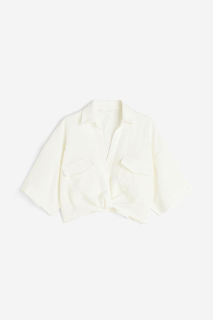 H & M - Knot-detail Crop Shirt - White