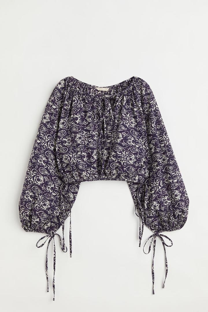 H & M - Balloon-sleeved Crop Blouse - Blue