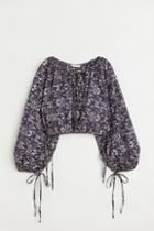 H & M - Balloon-sleeved Crop Blouse - Blue