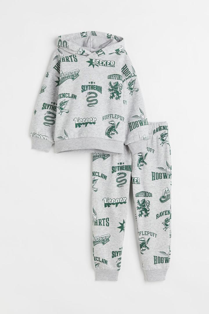 H & M - Printed 2-piece Sweatshirt Set - Gray