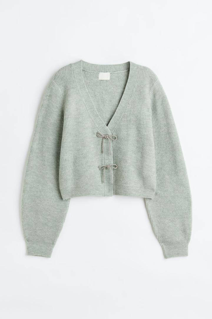 H & M - Rhinestone-bow Rib-knit Cardigan - Green