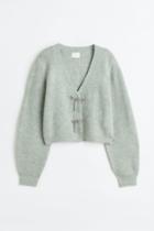 H & M - Rhinestone-bow Rib-knit Cardigan - Green