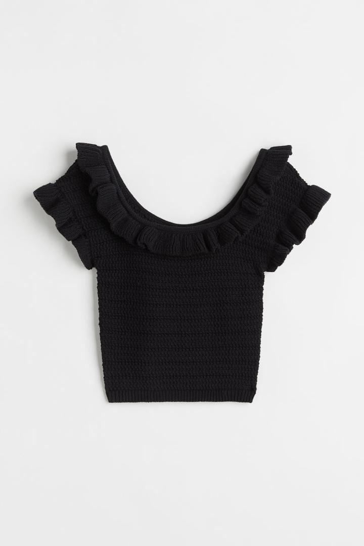 H & M - Flounce-trimmed Crop Top - Black