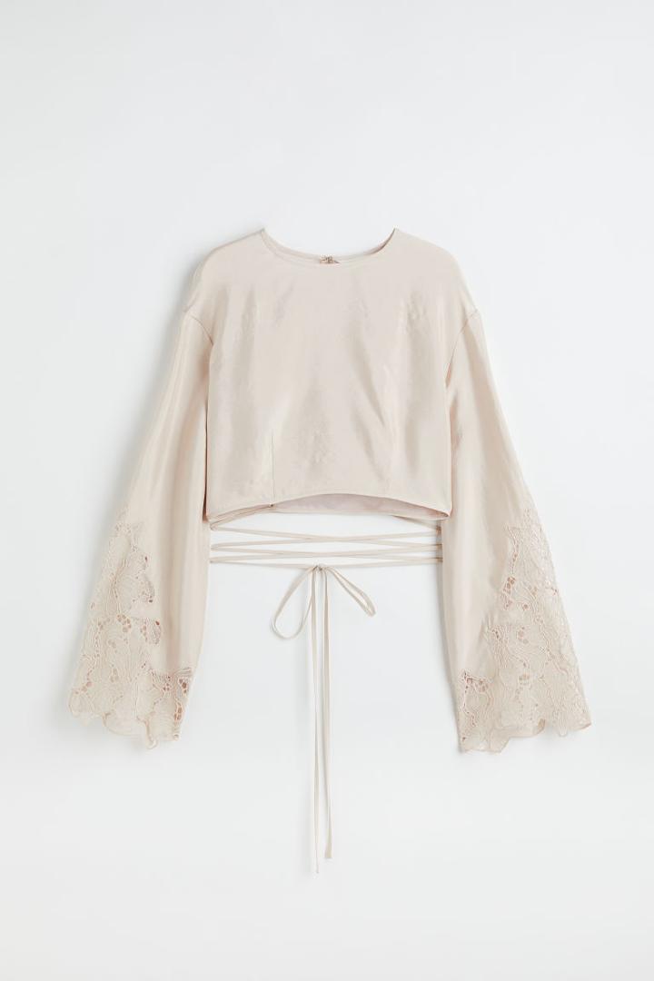 H & M - Lace-detail Satin Blouse - Beige