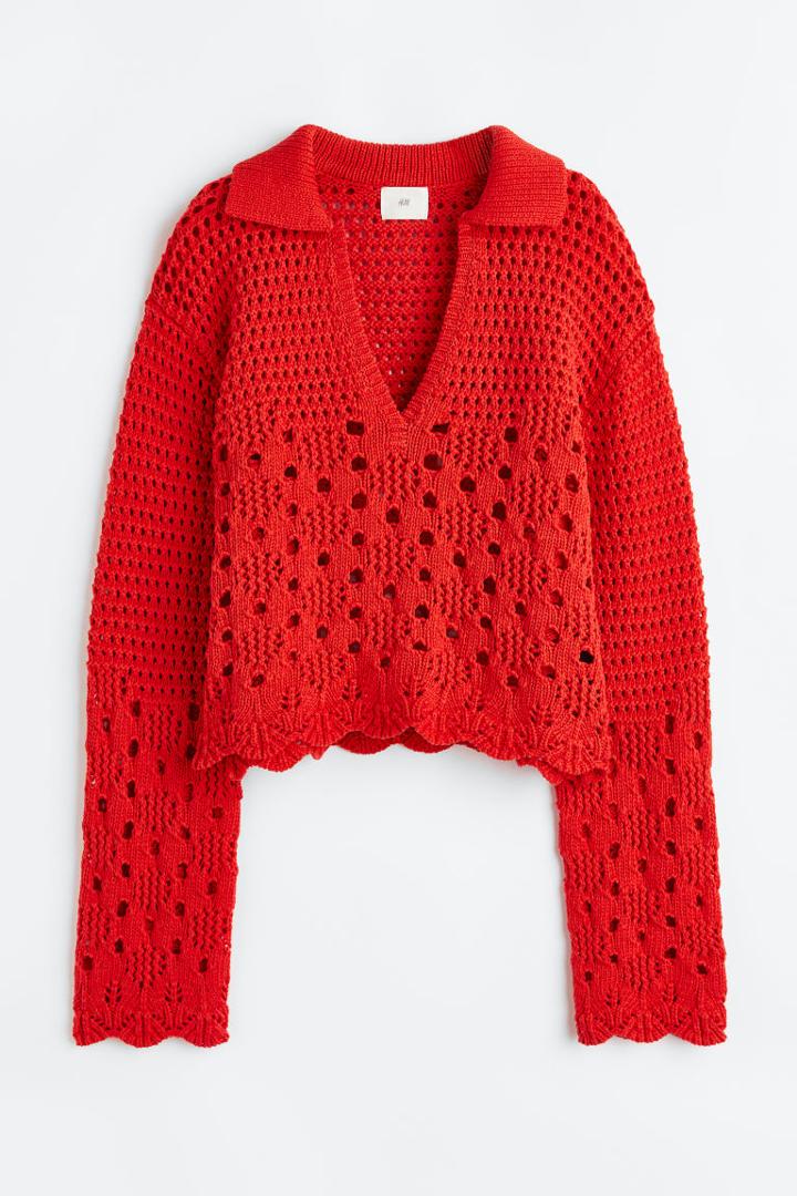 H & M - Pointelle-knit Cotton Sweater - Red