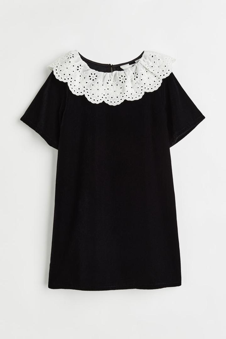 H & M - Collared Velvet Dress - Black