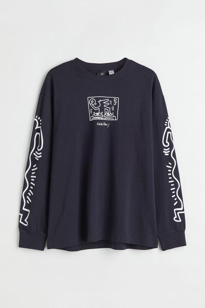 H & M - Relaxed Fit Printed Jersey Shirt - Blue