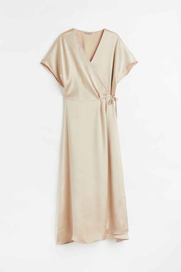 H & M - Satin Wrap-front Dress - Beige