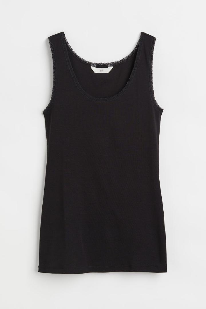 H & M - Lace-trimmed Tank Top - Black