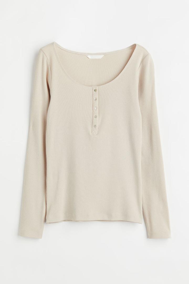 H & M - Ribbed Henley Shirt - Beige