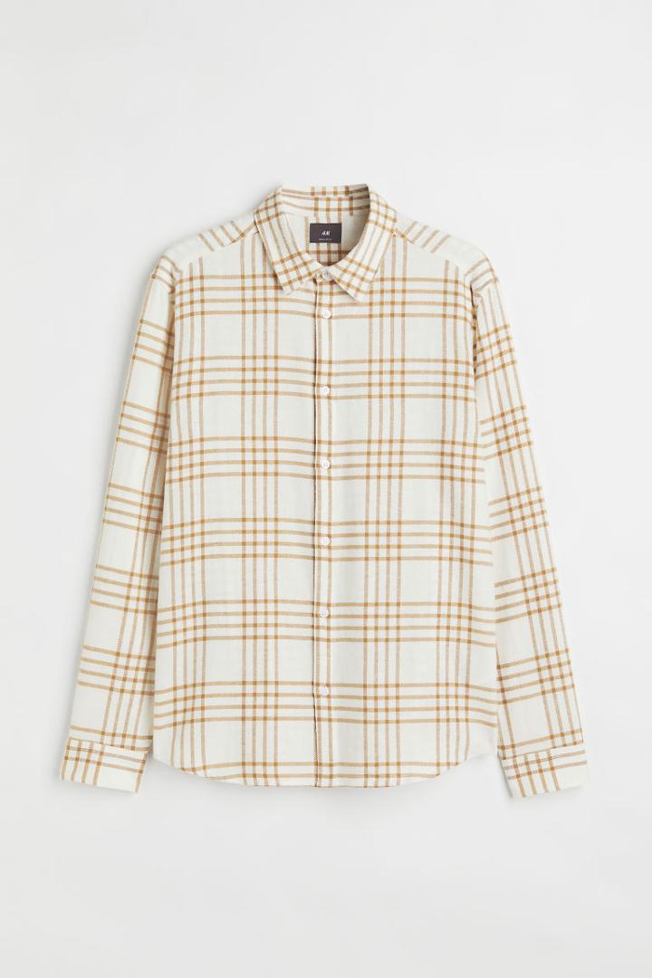 H & M - Regular Fit Plaid Shirt - Beige
