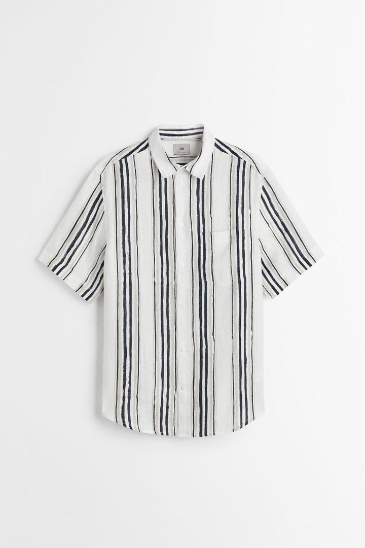 H & M - Regular Fit Short-sleeved Linen Shirt - White