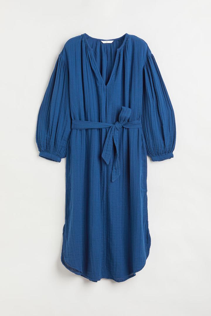 H & M - Tie-belt Cotton Dress - Blue