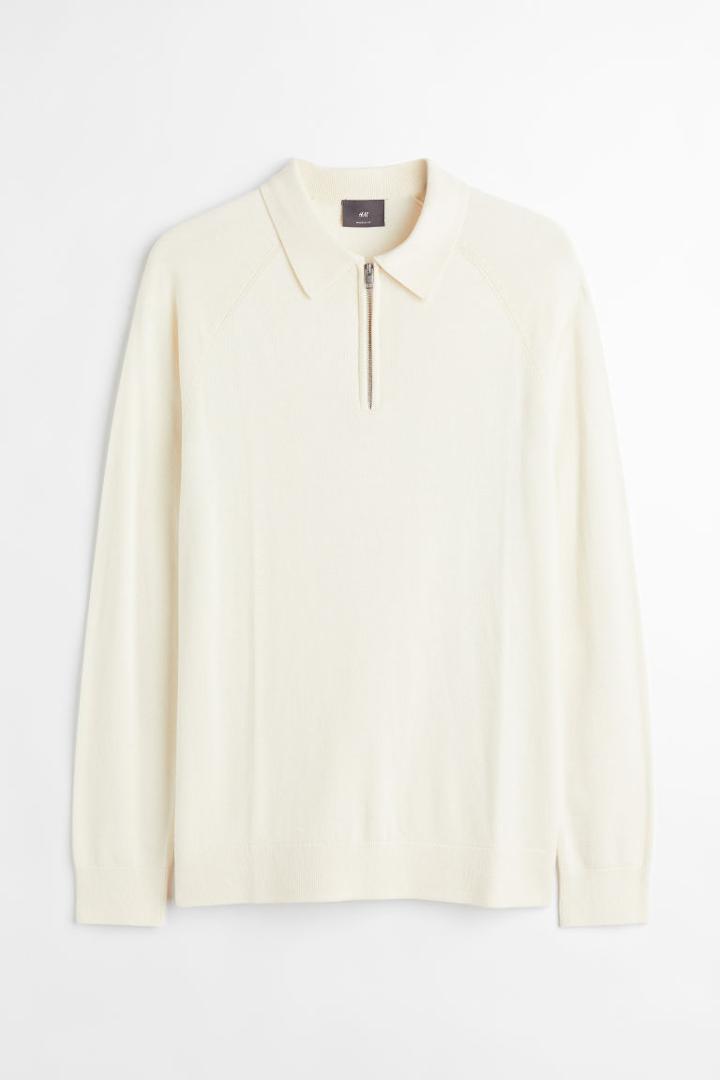 H & M - Muscle Fit 1/4-zip Polo Shirt - White