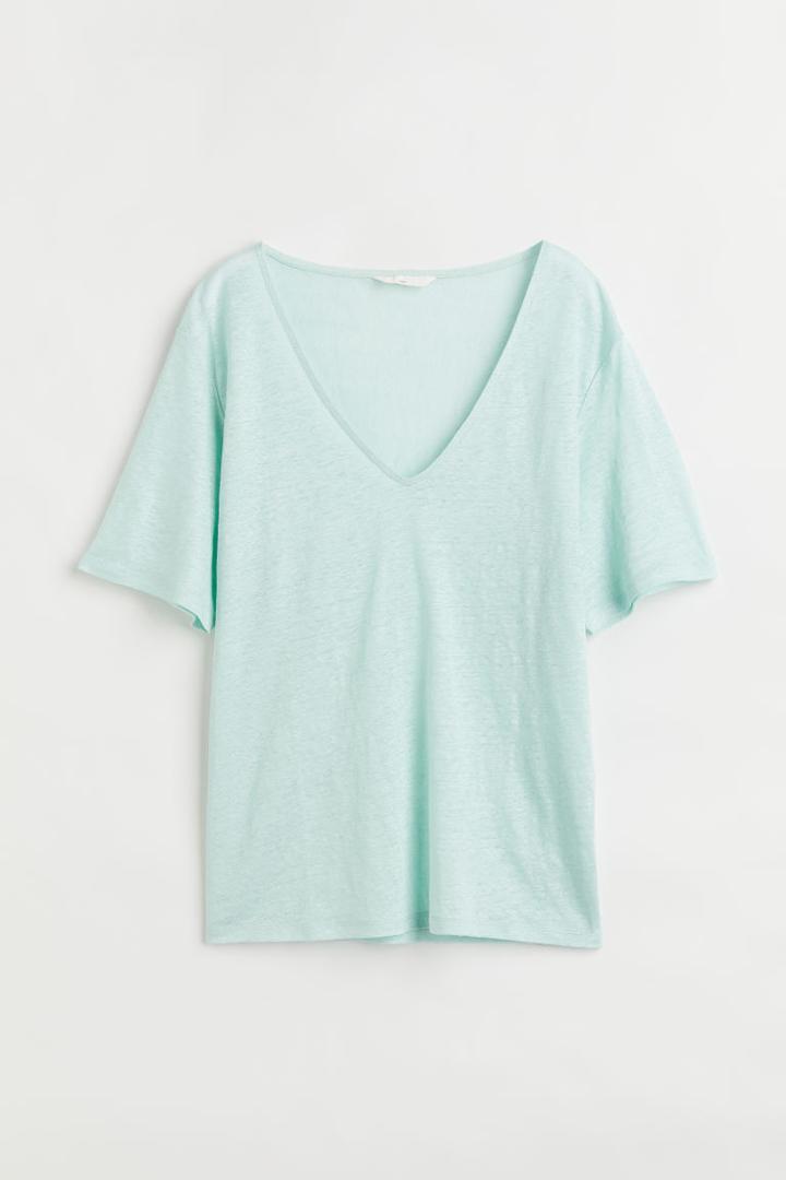 H & M - Linen Jersey T-shirt - Turquoise