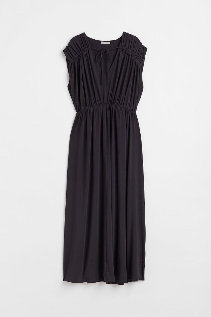 H & M - Long Gathered Dress - Black