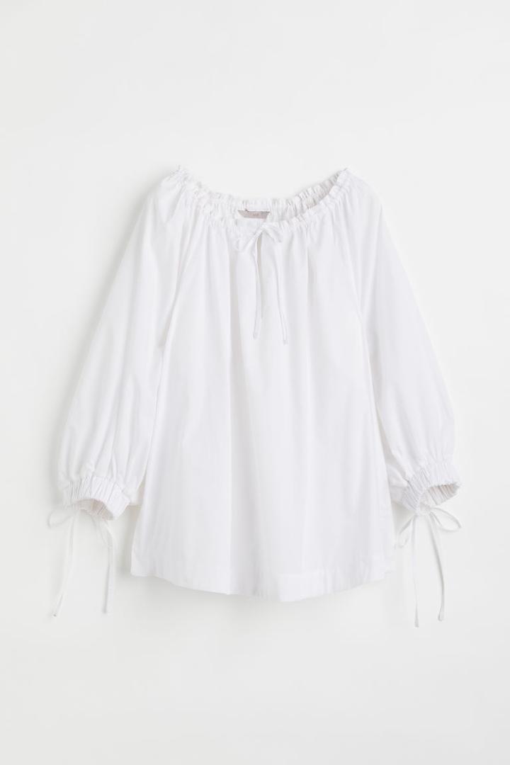 H & M - Cotton Blouse With Drawstring - White