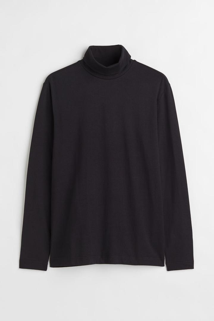 H & M - Slim Fit Cotton Turtleneck Shirt - Black