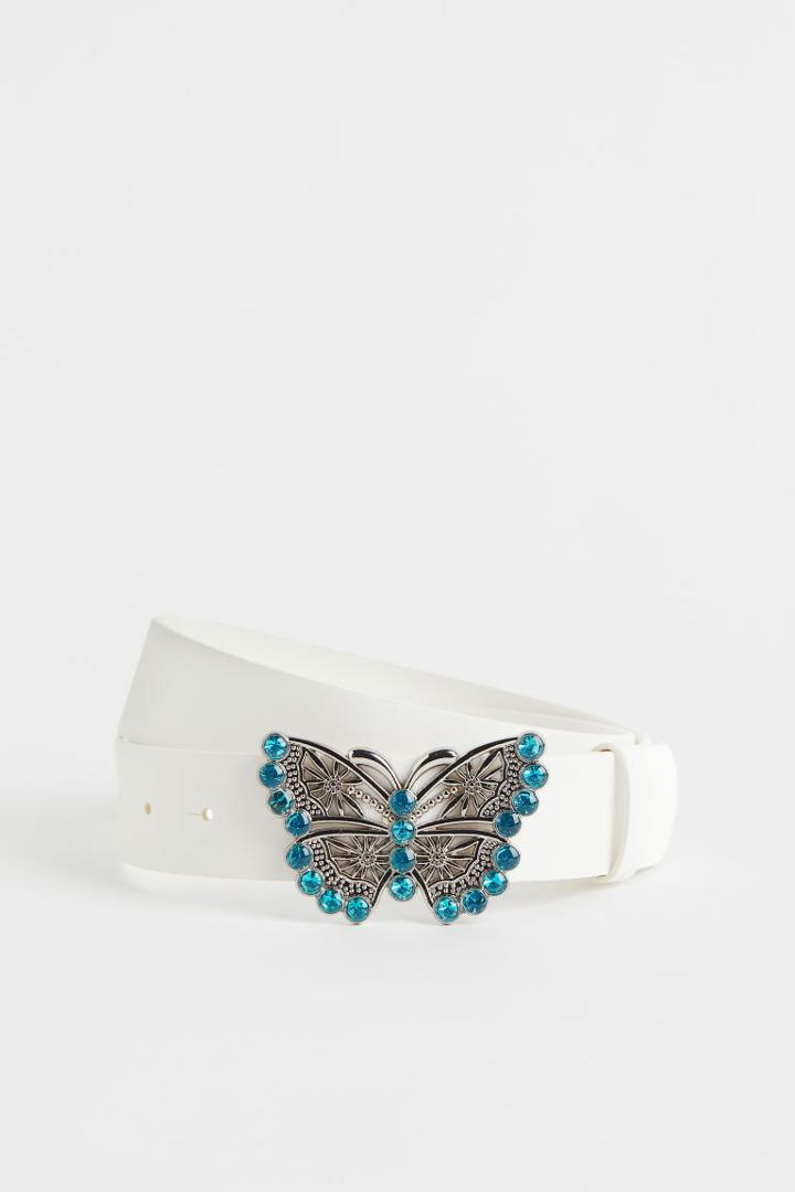 H & M - Belt With Rhinestone-detail Buckle - White