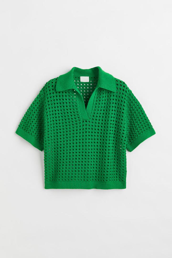 H & M - Pointelle-knit Polo Shirt - Green