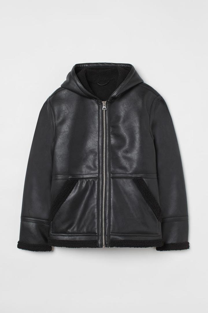H & M - Faux Shearling-lined Hooded Jacket - Black
