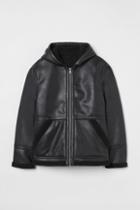 H & M - Faux Shearling-lined Hooded Jacket - Black