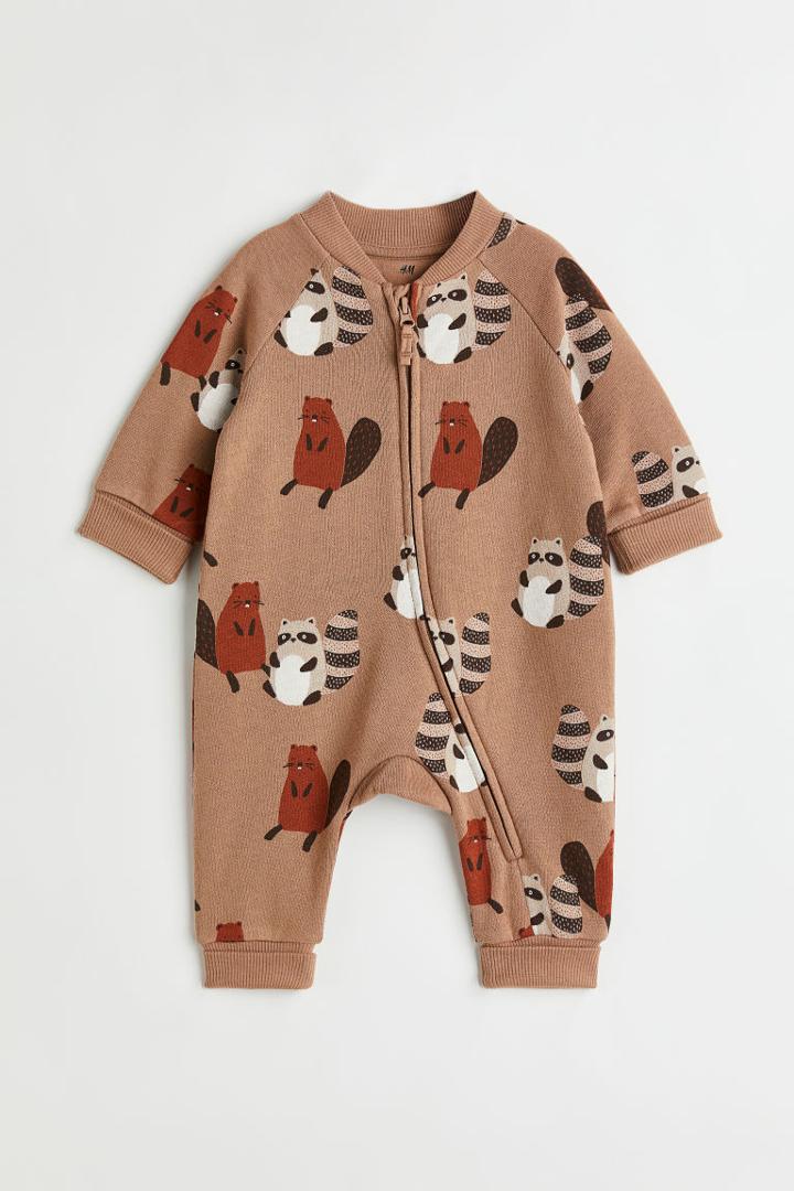 H & M - Foldover-trim Romper Suit - Beige
