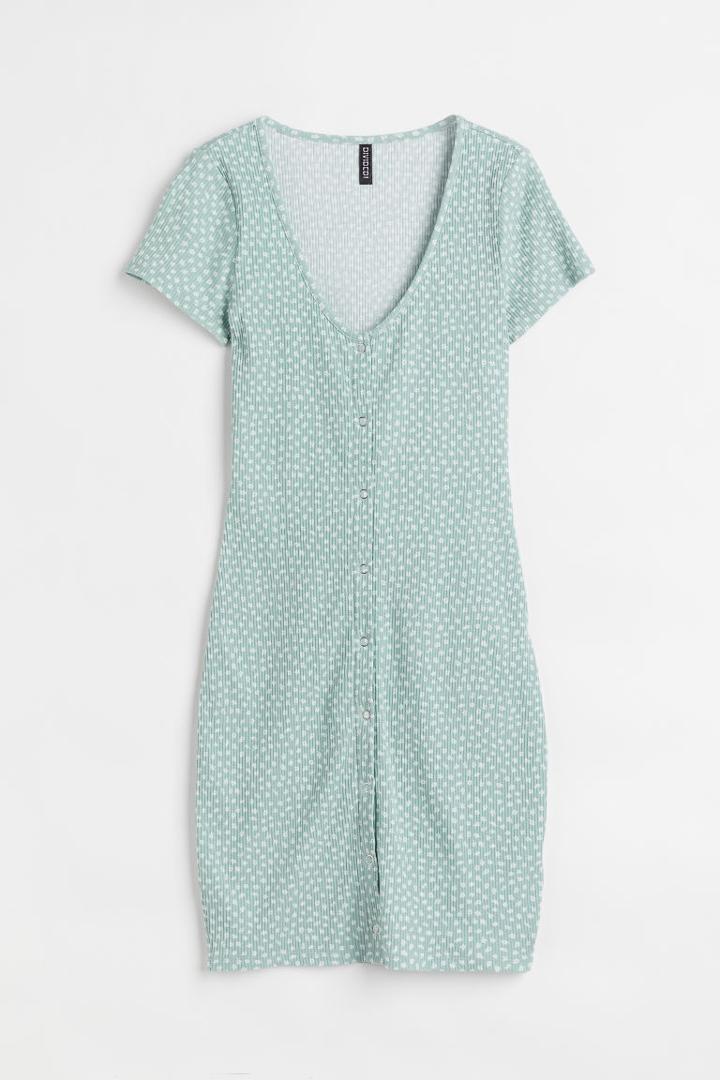 H & M - Ribbed Jersey Bodycon Dress - Green