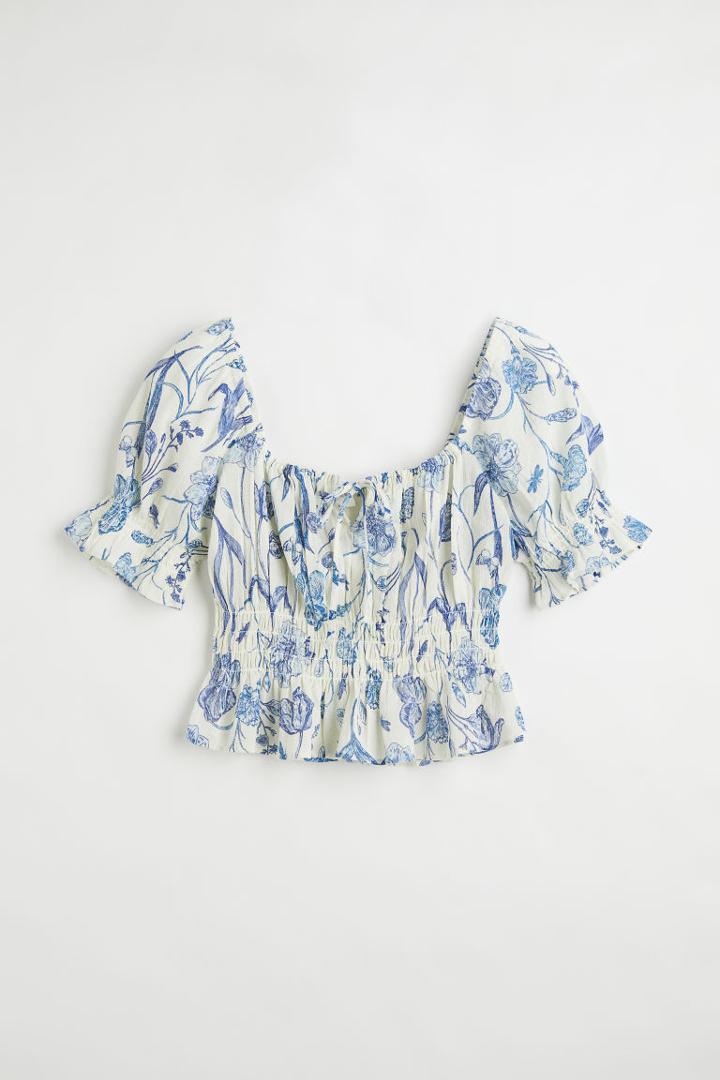 H & M - H & M+ Puff-sleeved Peplum Blouse - Beige