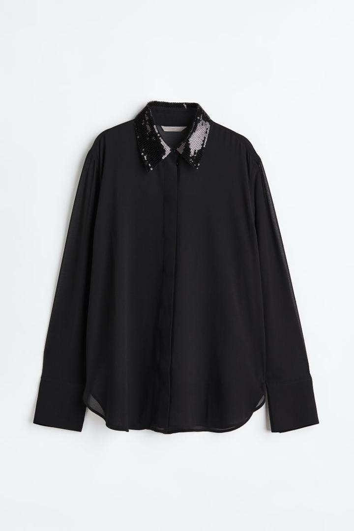 H & M - Sequin-collared Shirt - Black