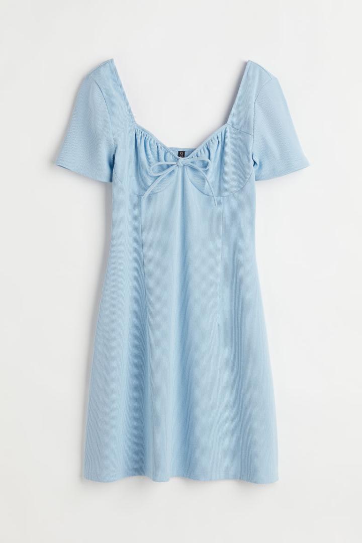 H & M - Tie-detail Ribbed Dress - Blue