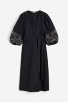 H & M - Embroidered Wrap Dress - Black
