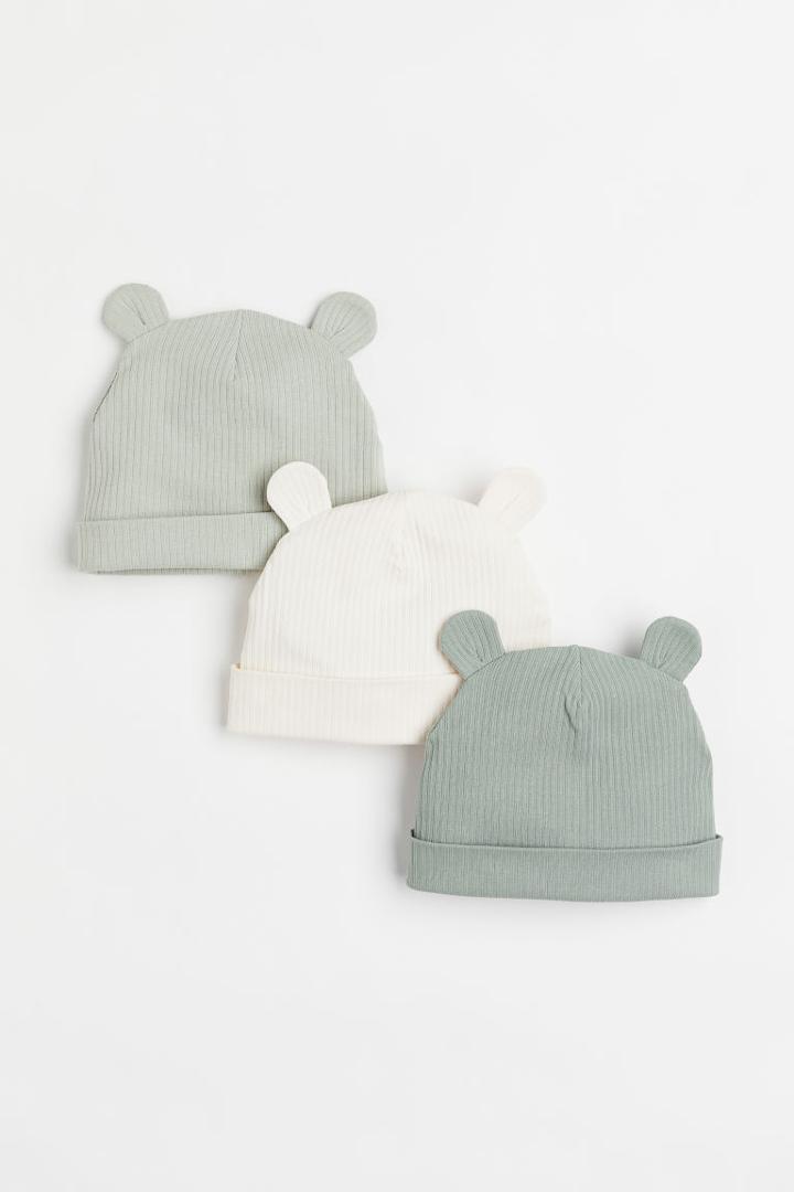 H & M - 3-pack Ribbed Hats With Ears - Green