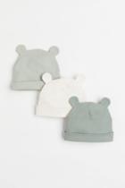 H & M - 3-pack Ribbed Hats With Ears - Green