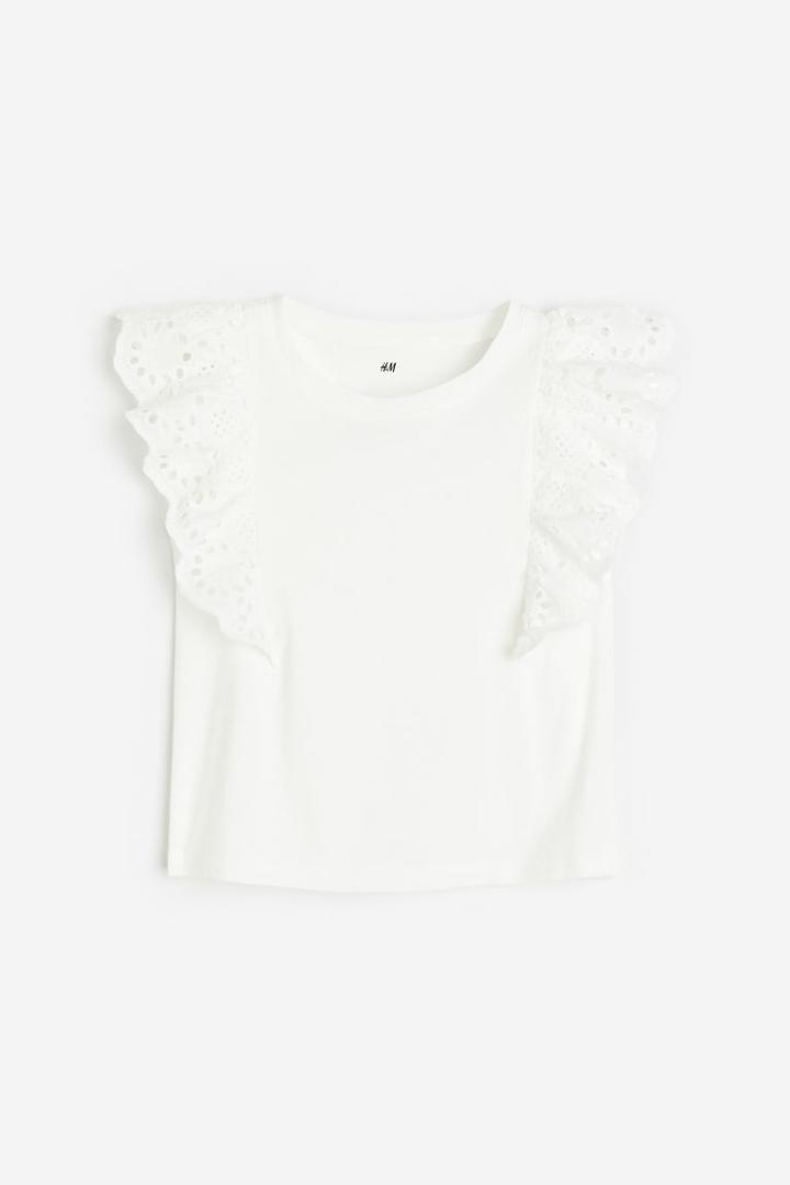 H & M - Eyelet Embroidery-detail Top - White