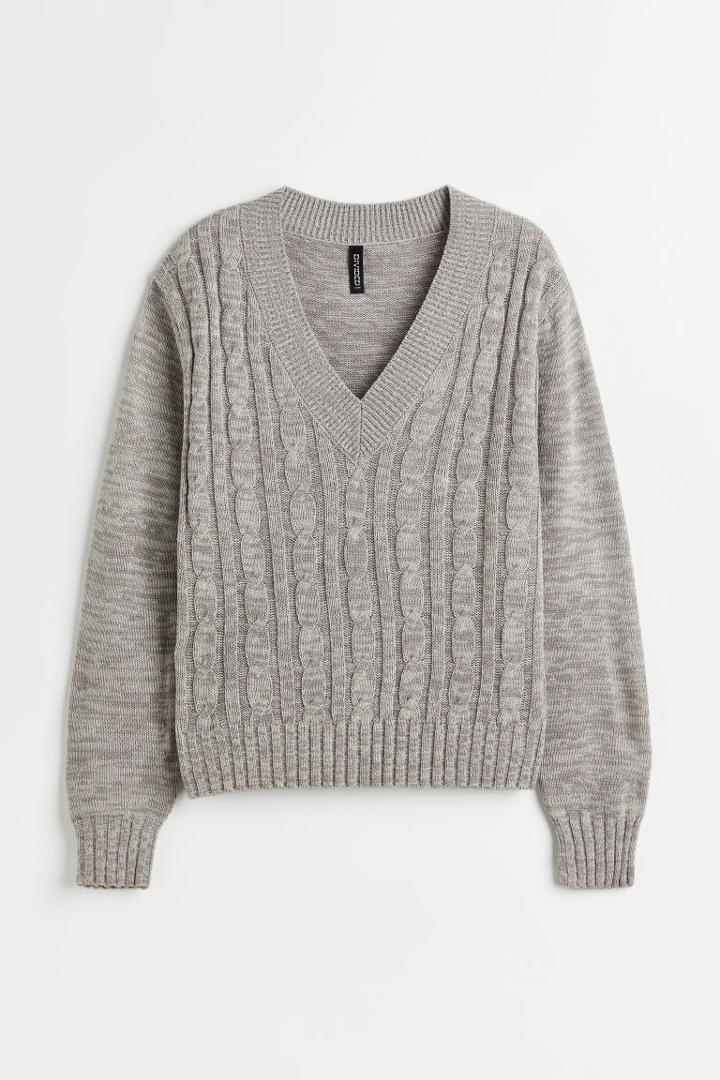 H & M - V-neck Cable-knit Sweater - Gray