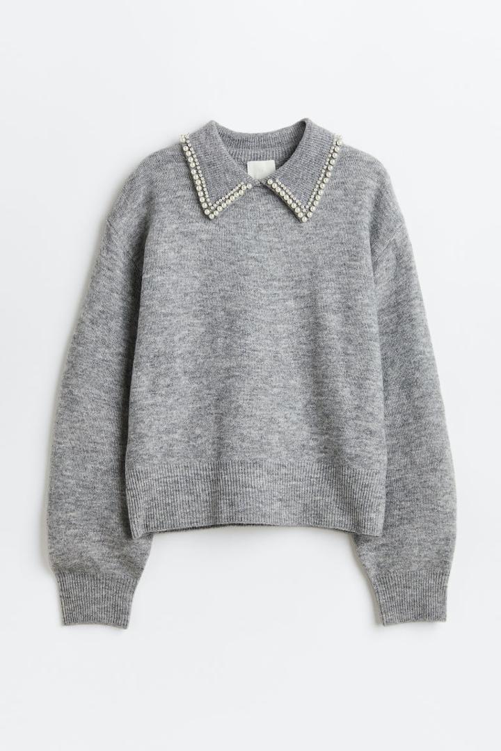 H & M - Beaded-collar Sweater - Gray
