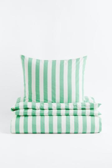 H & M - Striped Twin Duvet Cover Set - Green