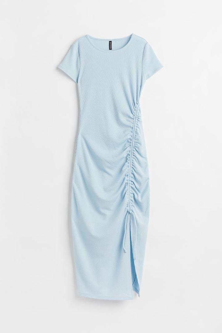 H & M - Ribbed Bodycon Dress With Drawstring - Blue