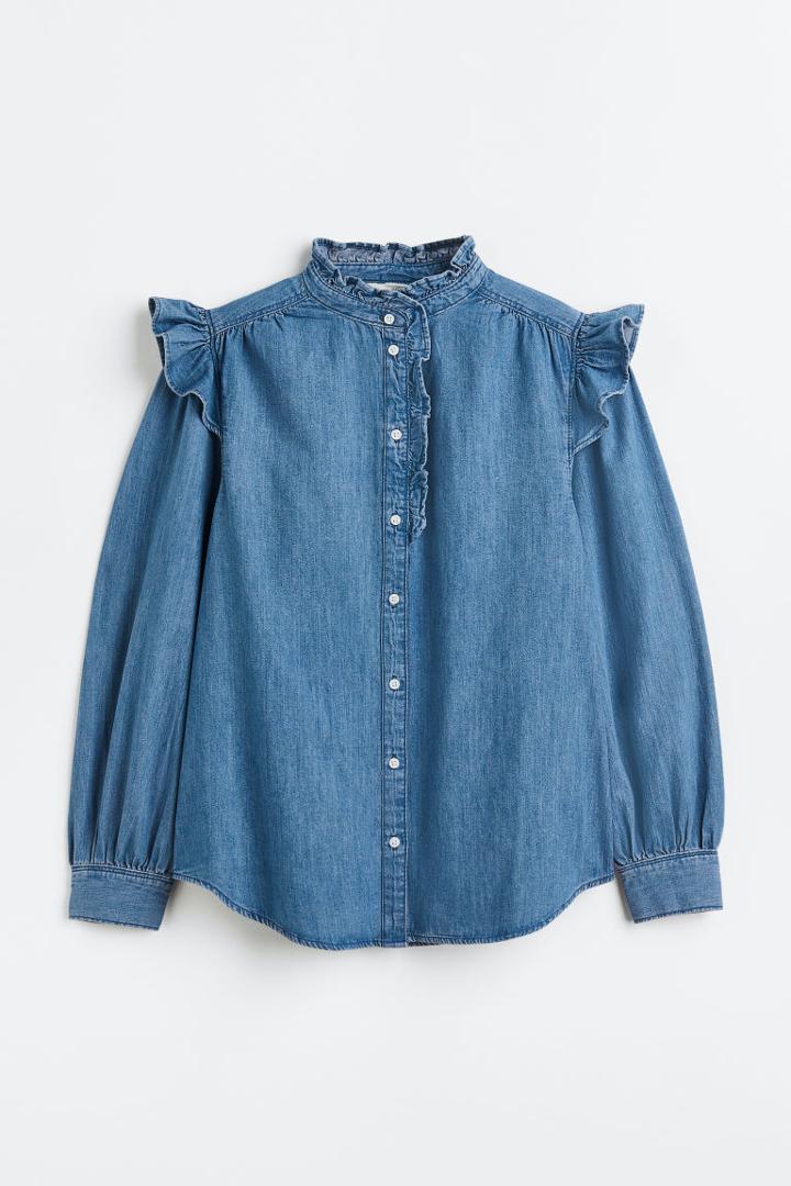 H & M - Frill-trimmed Denim Blouse - Blue