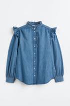 H & M - Frill-trimmed Denim Blouse - Blue