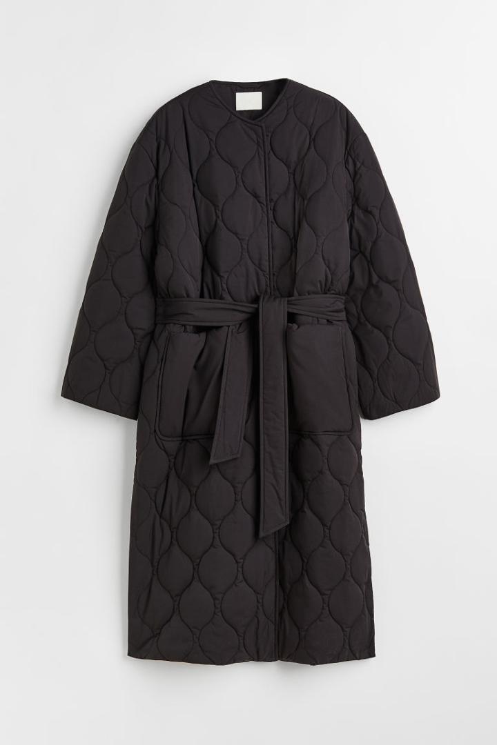 H & M - Quilted Tie-belt Coat - Black